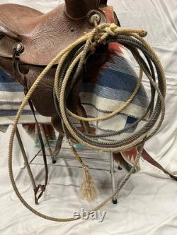 Vintage Leather Saddle With Trail Bag Gun Sleeve Rope & Western Blanket Child Size