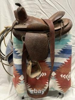 Vintage Leather Saddle With Trail Bag Gun Sleeve Rope & Western Blanket Child Size