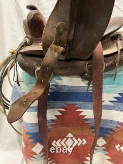Vintage Leather Saddle With Trail Bag Gun Sleeve Rope & Western Blanket Child Size
