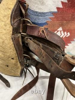 Vintage Leather Saddle With Trail Bag Gun Sleeve Rope & Western Blanket Child Size