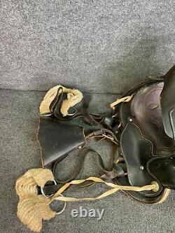 Vintage Leather Western Horse Saddle with Brass Fittings & Stirrups Black/Brow