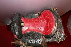 Vintage Ornate Leather Pony Horse Western Cowboy Saddle Wood Stirrups Childs