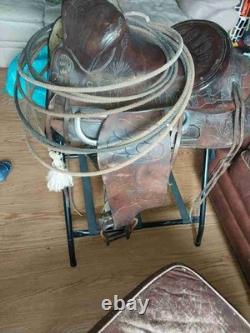 Vintage RueBush Bros Maker Deming NM Horse Saddle with Rope and Stand