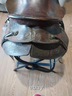 Vintage RueBush Bros Maker Deming NM Horse Saddle with Rope and Stand
