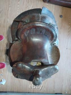 Vintage RueBush Bros Maker Deming NM Horse Saddle with Rope and Stand