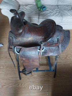 Vintage RueBush Bros Maker Deming NM Horse Saddle with Rope and Stand