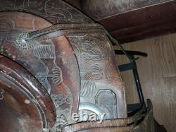 Vintage RueBush Bros Maker Deming NM Horse Saddle with Rope and Stand