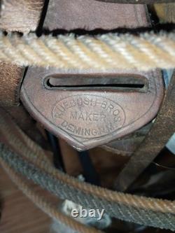 Vintage RueBush Bros Maker Deming NM Horse Saddle with Rope and Stand