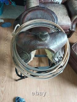 Vintage RueBush Bros Maker Deming NM Horse Saddle with Rope and Stand