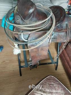 Vintage RueBush Bros Maker Deming NM Horse Saddle with Rope and Stand