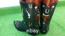 Vintage Stallion Inlaid With Guns Horse Shoes Saddle Spurs Stars Rare Boot 9.5 D