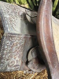 Vintage Tooled Leather Horse Saddle, 15 Seat, Western Ranch Farm Decor C