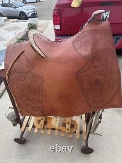 Vintage Tooled Leather Western Parade Saddle & Custom Texas Motif Display Stand