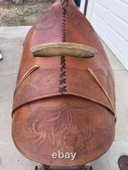Vintage Tooled Leather Western Parade Saddle & Custom Texas Motif Display Stand