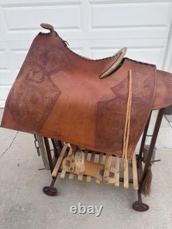Vintage Tooled Leather Western Parade Saddle & Custom Texas Motif Display Stand