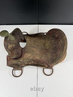 Vintage Tooled Leather Western Saddle Brass Horn Floral Carving Old Ranch