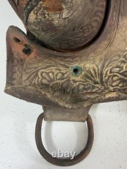 Vintage Tooled Leather Western Saddle Brass Horn Floral Carving Old Ranch