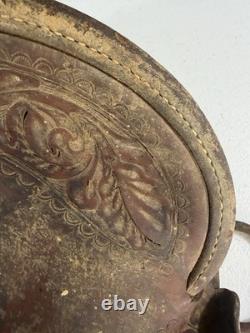Vintage Tooled Leather Western Saddle Brass Horn Floral Carving Old Ranch