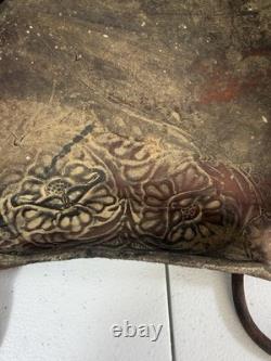 Vintage Tooled Leather Western Saddle Brass Horn Floral Carving Old Ranch