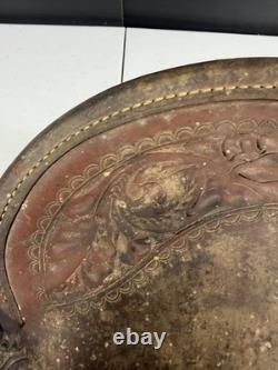 Vintage Tooled Leather Western Saddle Brass Horn Floral Carving Old Ranch