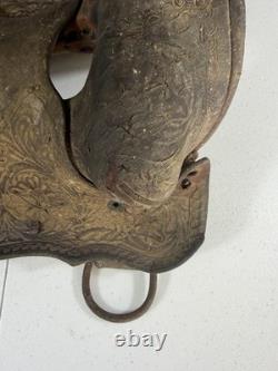 Vintage Tooled Leather Western Saddle Brass Horn Floral Carving Old Ranch
