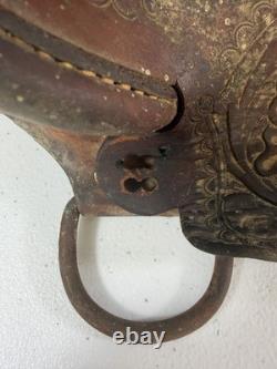 Vintage Tooled Leather Western Saddle Brass Horn Floral Carving Old Ranch