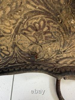 Vintage Tooled Leather Western Saddle Brass Horn Floral Carving Old Ranch