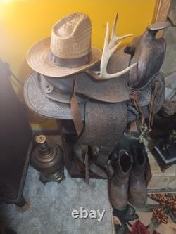 Vintage Tooled Leather Western Saddle Floral Design/ Hat/ Boots/Horns