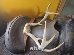 Vintage Tooled Leather Western Saddle Floral Design/ Hat/ Boots/Horns