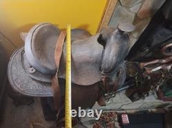 Vintage Tooled Leather Western Saddle Floral Design/ Hat/ Boots/Horns