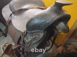Vintage Tooled Leather Western Saddle Floral Design/ Hat/ Boots/Horns