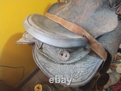 Vintage Tooled Leather Western Saddle Floral Design/ Hat/ Boots/Horns