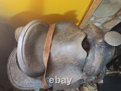 Vintage Tooled Leather Western Saddle Floral Design/ Hat/ Boots/Horns