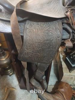 Vintage Tooled Leather Western Saddle Floral Design/ Hat/ Boots/Horns