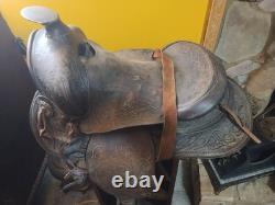Vintage Tooled Leather Western Saddle Floral Design/ Hat/ Boots/Horns