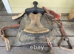 Vintage Tooled Leather Western Saddle Floral Design Restoration or Decor