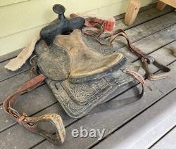 Vintage Tooled Leather Western Saddle Floral Design Restoration or Decor