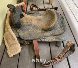 Vintage Tooled Leather Western Saddle Floral Design Restoration or Decor