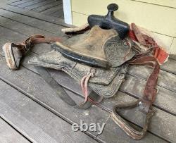 Vintage Tooled Leather Western Saddle Floral Design Restoration or Decor
