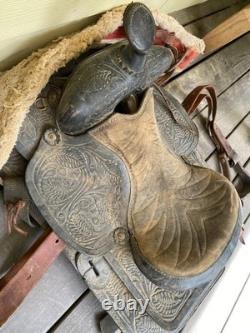 Vintage Tooled Leather Western Saddle Floral Design Restoration or Decor