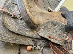 Vintage Tooled Leather Western Saddle Floral Design Restoration or Decor