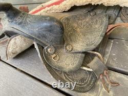 Vintage Tooled Leather Western Saddle Floral Design Restoration or Decor
