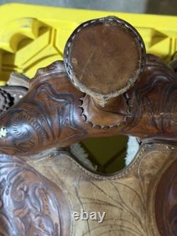 Vintage Tooled Leather Western Trail Horse Saddle With Shearling Bottom B