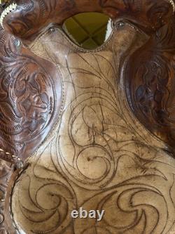 Vintage Tooled Leather Western Trail Horse Saddle With Shearling Bottom B