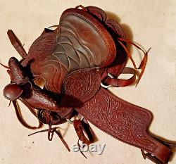 Vintage USA Western Ranch Roping Horse Saddle 15 Thick Oil Leather Tooling USED