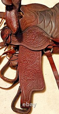 Vintage USA Western Ranch Roping Horse Saddle 15 Thick Oil Leather Tooling USED