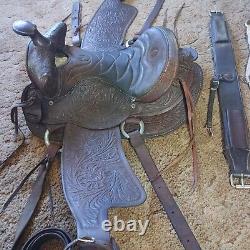 Vintage USA Western Ranch Roping Horse Saddle 15 Thick Oil Leather Tooling USED