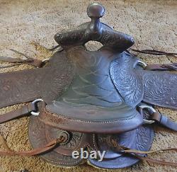 Vintage USA Western Ranch Roping Horse Saddle 15 Thick Oil Leather Tooling USED