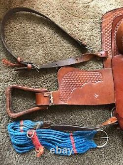 Vintage Western 15.5 Tooled Leather Full Double Rigged Saddle Cinch Stirrups