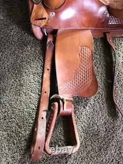 Vintage Western 15.5 Tooled Leather Full Double Rigged Saddle Cinch Stirrups